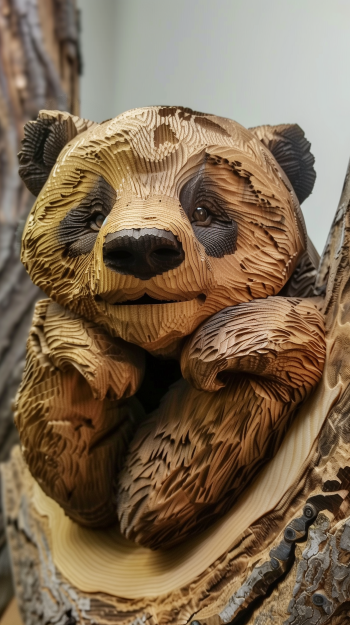 Wooden carving of a panda bear, showcasing intricate details and textures, set against a natural wood backdrop. This artistic representation serves as a unique phone wallpaper.