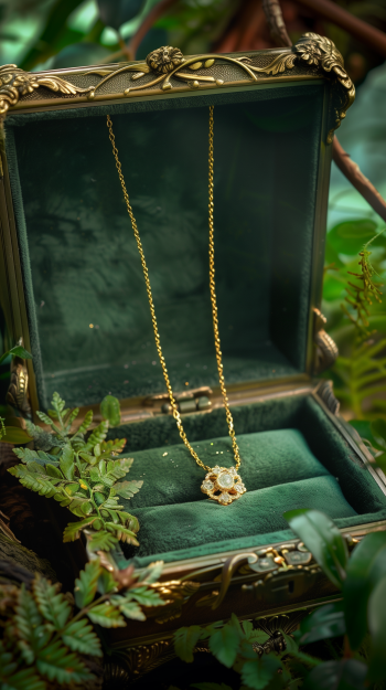 A gold necklace with a delicate pendant displayed inside an open, ornate jewelry box with green velvet lining, surrounded by lush greenery, suitable for use as a phone wallpaper.