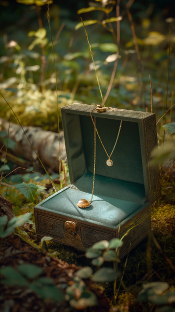 A vertical image showing an open jewelry box with a delicate gold necklace resting inside, set against a natural backdrop with foliage, suitable as a phone wallpaper.