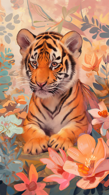 A phone wallpaper featuring a vivid illustration of a tiger cub surrounded by colorful flowers and foliage.