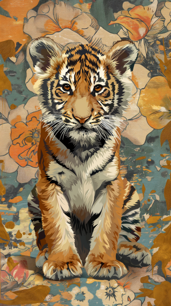 Phone wallpaper featuring an illustrated tiger cub sitting amidst a floral background.