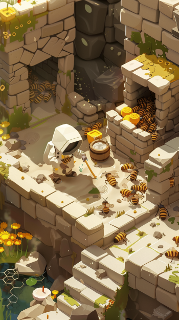 A phone wallpaper featuring an illustrated scene of a beekeeper among beehives on a sunny, multi-level stone garden, surrounded by buzzing bees and blooming flowers.