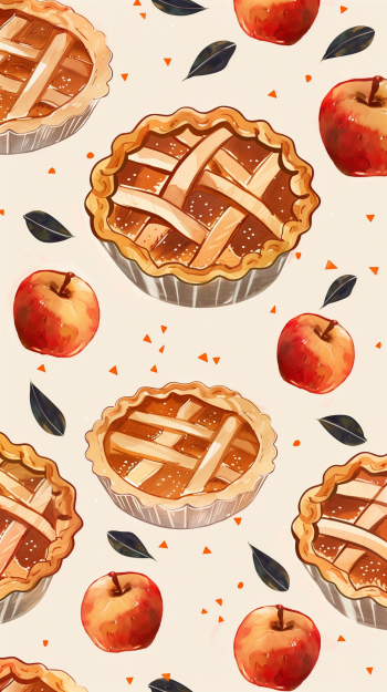 A whimsical phone wallpaper featuring vibrant apple pies and fresh apples, surrounded by playful leaves and orange accents, creating a delightful culinary theme.