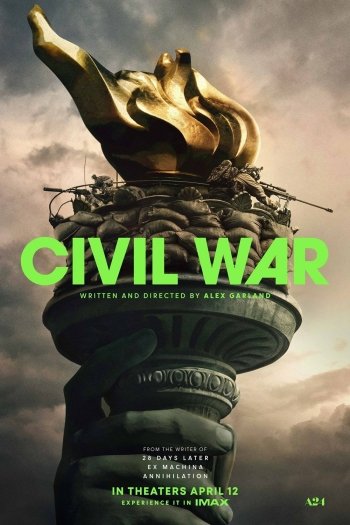 Promotional wallpaper for the movie Civil War (2024) featuring a stylized image of a crumbled statue with the movie's title in bold letters, and release details at the bottom.