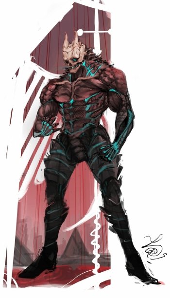 Phone wallpaper featuring Kafka Hibino in his kaiju form from the anime Kaiju No. 8, with dark armor-like skin, cyan highlights, and a beastly mask with horns.