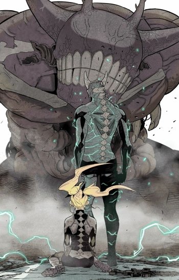 Anime-style artwork from Kaiju No. 8 featuring a character in the foreground equipped with a battle suit and a large, monstrous creature looming in the background, designed as a mobile phone wallpaper.