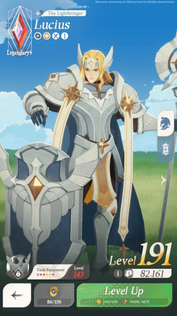 Phone wallpaper from the video game AFK Journey featuring the character Lucius, a legendary hero in shining armor, ready for battle at level 191.