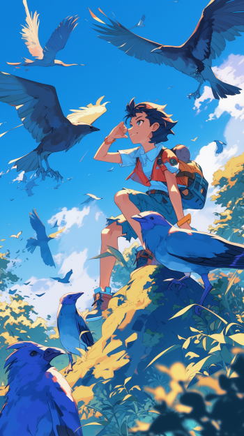 Phone wallpaper featuring an animated character birdwatching, surrounded by vibrant blue birds and lush foliage under a clear blue sky.