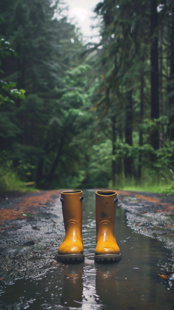 A pair of yellow rain boots stands in a puddle on a forest path, surrounded by lush greenery and trees, creating a vibrant and refreshing phone wallpaper.
