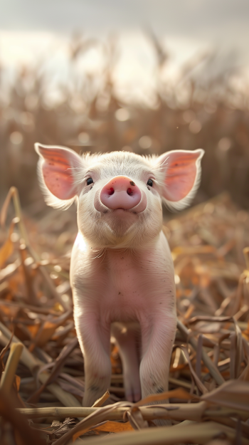 A charming piglet stands in a corn field, surrounded by dried cornstalks. This delightful image makes for an engaging phone wallpaper.