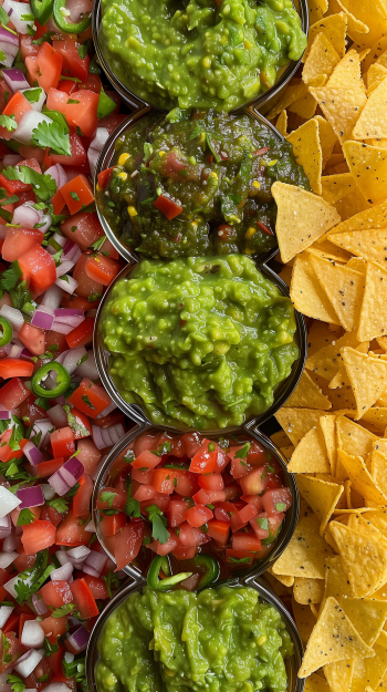 Vertical phone wallpaper featuring bowls of fresh guacamole and salsa with a side of tortilla chips.