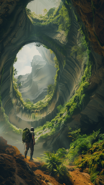 A hiker with a backpack stands before a stunning natural formation, surrounded by lush greenery along a hiking trail, inviting adventure in this captivating phone wallpaper.
