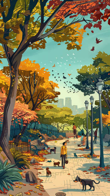 Illustration of a vibrant dog park in autumn with colorful trees, dogs, a bench, and street lights, designed as a vertical phone wallpaper.