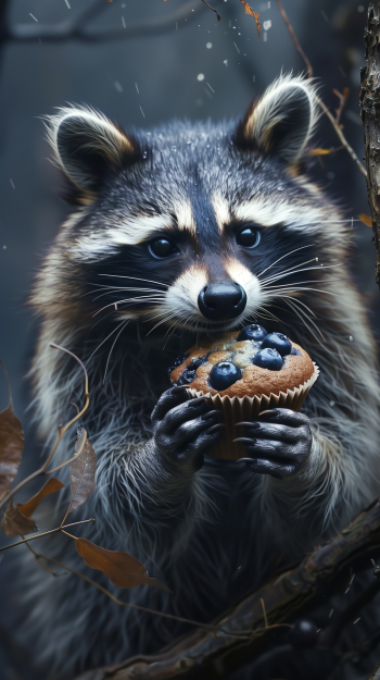 A charming raccoon holds a delicious blueberry muffin, surrounded by a natural setting. This whimsical image is designed as a phone wallpaper.