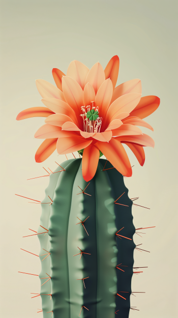 A minimalist phone wallpaper featuring a tall green cactus with a large, vibrant orange flower blooming at the top, set against a subtle gradient background.