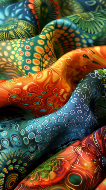 Colorful patterned fabric with intricate designs, suitable as a phone wallpaper.