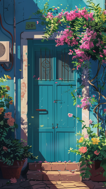 A vibrant phone wallpaper featuring a sunny day scene with a charming blue door surrounded by lush flowers and plants, creating an inviting entrance.