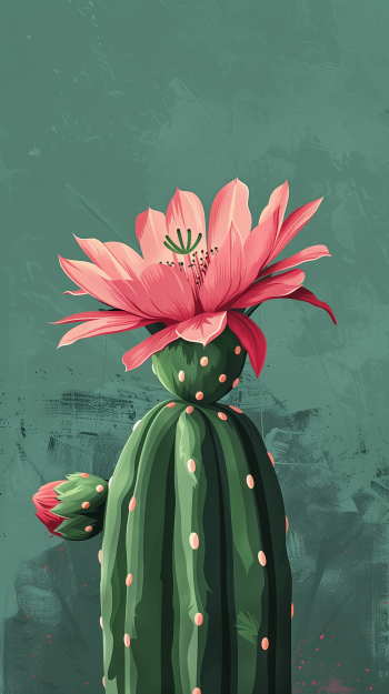 Phone wallpaper featuring an illustrated cactus with vibrant pink flowers blooming, set against a textured turquoise background.