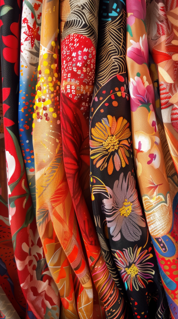 Colorful and patterned fabric rolls displayed vertically, suitable as a vibrant phone wallpaper.