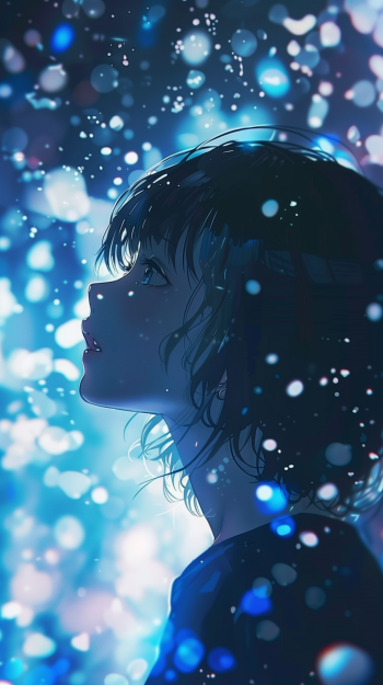 Aesthetic anime-style phone wallpaper featuring a silhouette of an anime character gazing upward with a dreamy blue backdrop sprinkled with light bokeh effects.