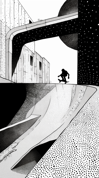 Black and white phone wallpaper depicting a silhouette of a skateboarder at a skate park with stylized geometric patterns and architectural elements.