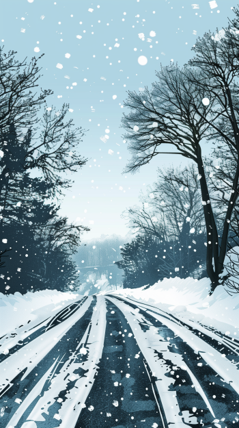 Phone wallpaper depicting a snowy road with tire tracks cutting through a snowy landscape flanked by trees, with snowflakes falling from a bright but clouded sky.