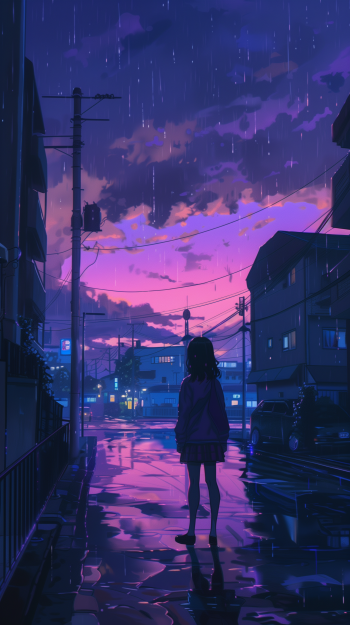 Anime-style phone wallpaper depicting a solitary girl standing in the rain on a city street at dusk, with colors of purple and pink in the sky reflecting on the wet pavement.