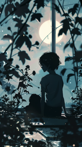 Aesthetic anime wallpaper featuring a pensive anime character sitting under a moonlit sky framed by silhouetted leaves.