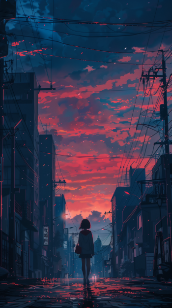 Anime-style phone wallpaper depicting a solitary figure standing in a narrow city street at dusk, with a vibrant red and blue sky overhead and reflections shimmering on the wet pavement.