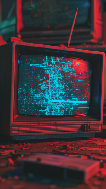 A wallpaper featuring a vintage CRT TV set against a backdrop of similar televisions, displaying a colorful glitch on its screen, evoking a sense of retro technology and digital malfunction.