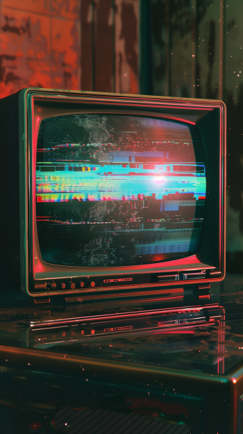 A phone wallpaper featuring a retro CRT TV displaying colorful glitch effects, placed on a reflective surface with a moody, dimly lit background.