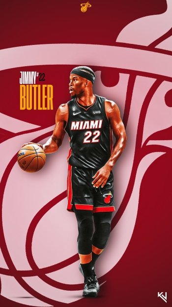 A phone wallpaper featuring a stylized illustration of a basketball player from the Miami Heat, Jimmy Butler, wearing the number 22 jersey and dribbling a basketball, set against a dynamic red background with team graphics.