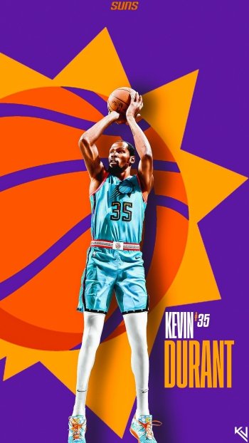 Phone wallpaper featuring a stylized image of a basketball player mid-action in a teal jersey with the name Kevin '35' on the bottom, set against a purple and orange Phoenix Suns-themed background with a prominent sun design.