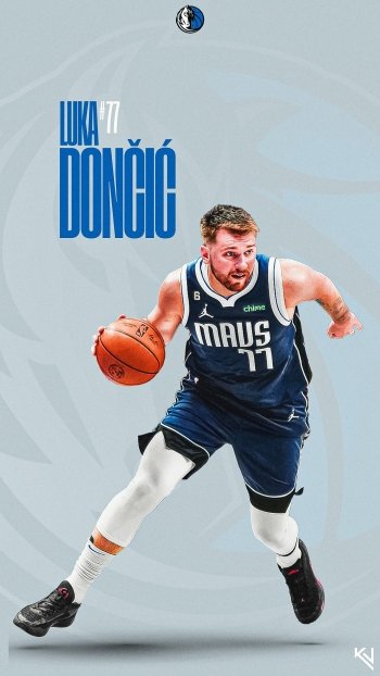 Phone wallpaper featuring Luka Dončić of the Dallas Mavericks in action on a stylized blue background with the team logo and his name.