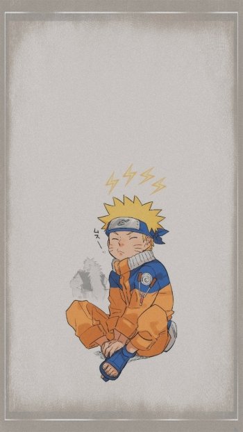 A phone wallpaper featuring an illustrated Naruto Uzumaki from the anime Naruto, sitting and looking thoughtful with lightning bolts above his head, on a textured beige background.