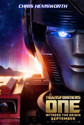 Phone wallpaper featuring a close-up of a Transformer's face with neon highlights and the title Transformers One along with the tagline Witness the Origin September and the name Chris Hemsworth prominently displayed.