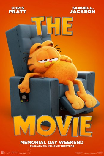 Promotional wallpaper for The Garfield Movie featuring the animated character Garfield lounging in an armchair, with text indicating a Memorial Day Weekend release in movie theaters.