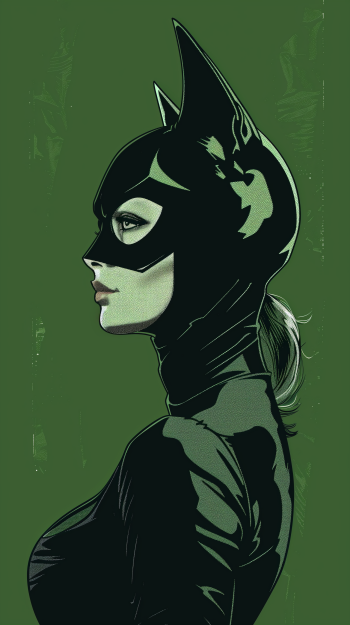 Phone wallpaper featuring a profile illustration of Catwoman in a black mask against a green background.