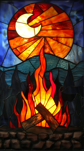 A vibrant stained glass-style wallpaper depicting a fiery campfire beneath a crescent moon, crafted in bold oranges, reds, and blues.