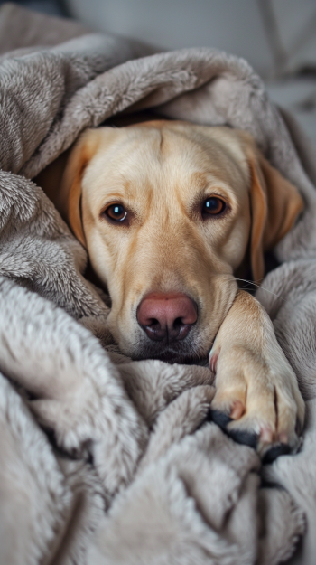 A cozy Labrador Retriever rests on a soft blanket, its paws gently tucked in as it gazes thoughtfully, creating a warm and inviting phone wallpaper.