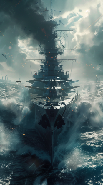 A dynamic phone wallpaper depicting a battleship in the midst of battle, navigating through a stormy ocean with splashes and smoke around.