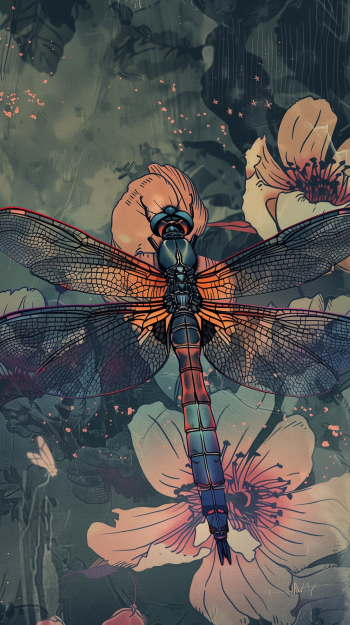 Artistic phone wallpaper featuring a detailed illustration of a dragonfly perched on blooming flowers with a muted, textured background.