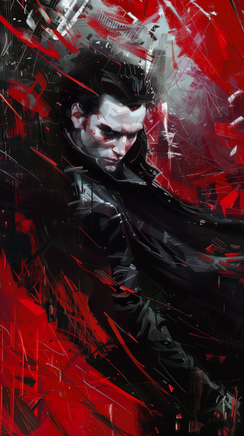 Phone wallpaper featuring a stylized vampire figure in a dynamic red and black abstract setting.