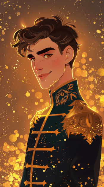Animated phone wallpaper of a smiling prince in a gold-adorned uniform against a shimmering golden background.