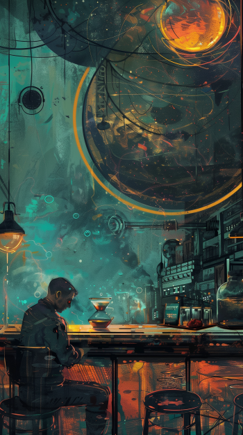 Wallpaper depicting a futuristic coffee shop scene with a man enjoying coffee under a celestial-themed mural, designed for phone screens.