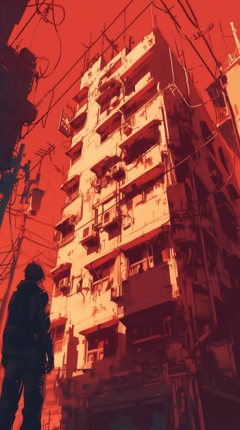 Anime-style phone wallpaper featuring a silhouette of a person looking up at a towering, densely populated city building in a warm red and orange palette.