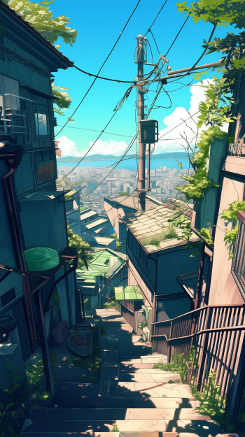 Anime-style cityscape phone wallpaper depicting a sunlit stairway winding through densely packed buildings with a view of the distant skyline.