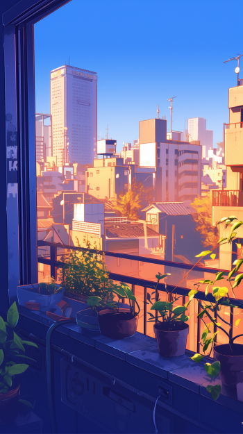 Anime-style illustration of a sunny cityscape viewed from a balcony adorned with plants, designed as a phone wallpaper.