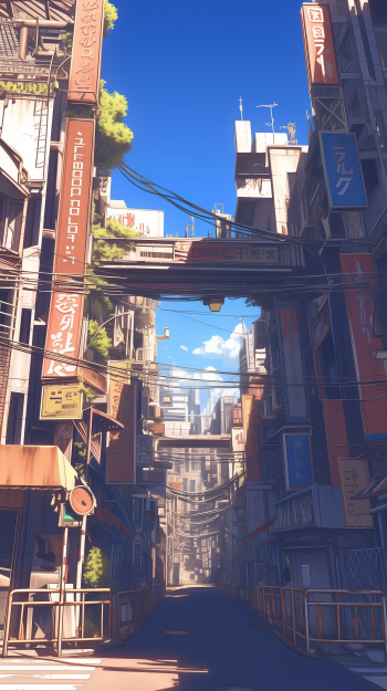 Anime-style illustration of a vibrant city street with detailed buildings and signs, designed as a vertical phone wallpaper.