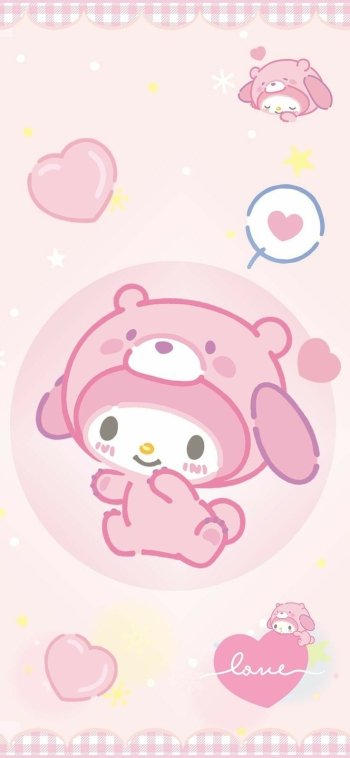 Phone wallpaper featuring My Melody from Onegai My Melody, depicted in a pink bunny suit, with hearts and smaller character icons adorning a polka dot background.